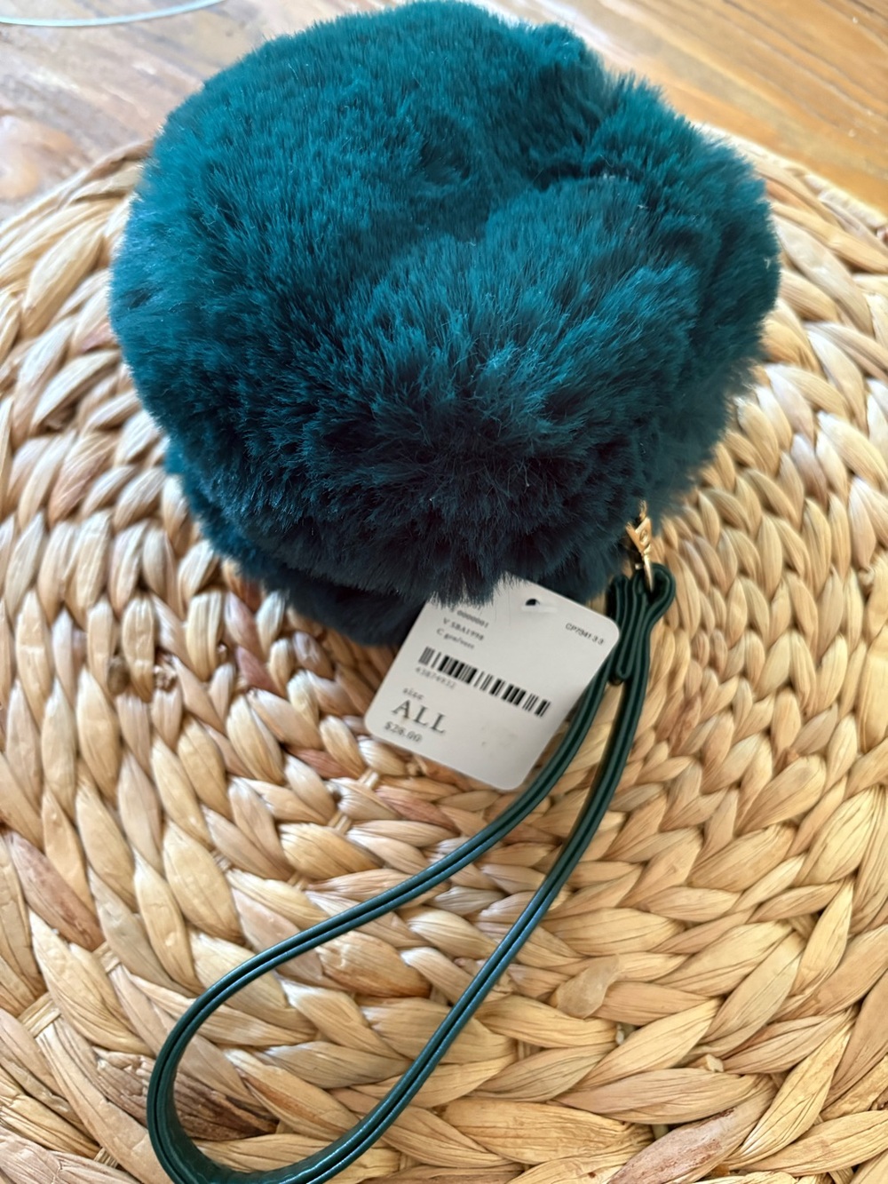 New Urban Outfitters “Everything In Love” Emerald Green Fur Pom Pouch Wristlet